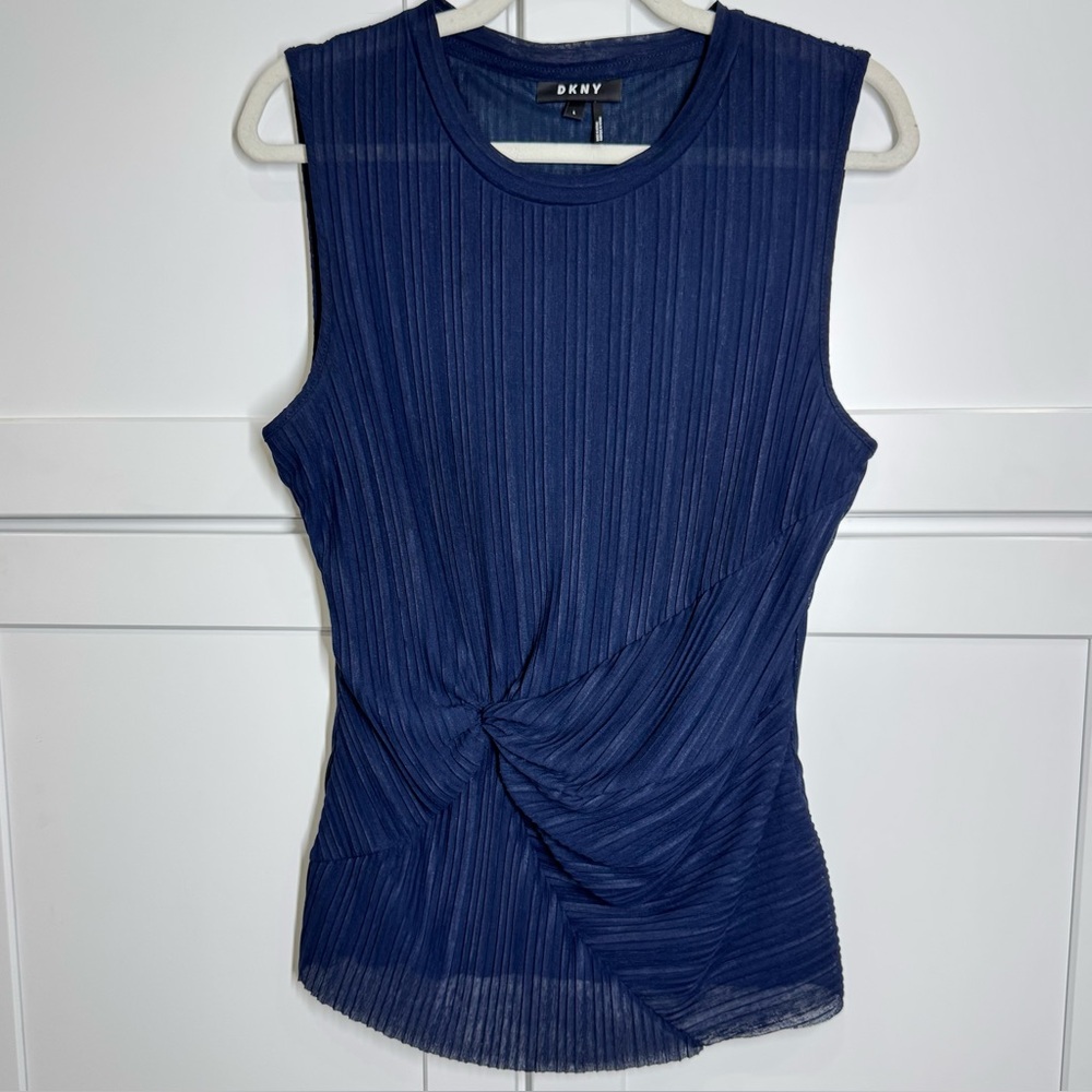 DKNY navy blue pleated side cinched knot sleeveless top. Large